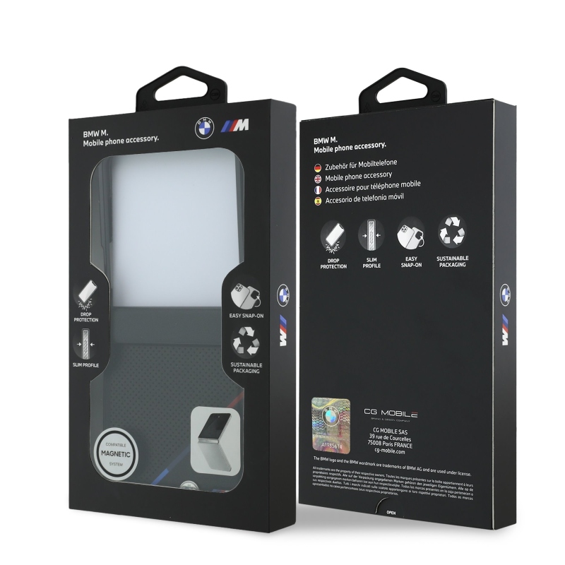 BMW M PU perforovaný kryt s trojfarebnými pruhmi a magnetickým uchytením na zadnú stranu pre Samsung Galaxy Z Flip 8, čierny