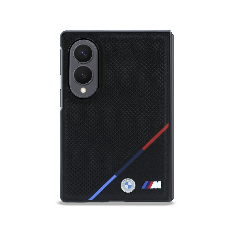 BMW M PU perforovaný zadný kryt s trojfarebnými pruhmi a magnetickým uchytením pre Samsung Galaxy Z Fold 8, čierny