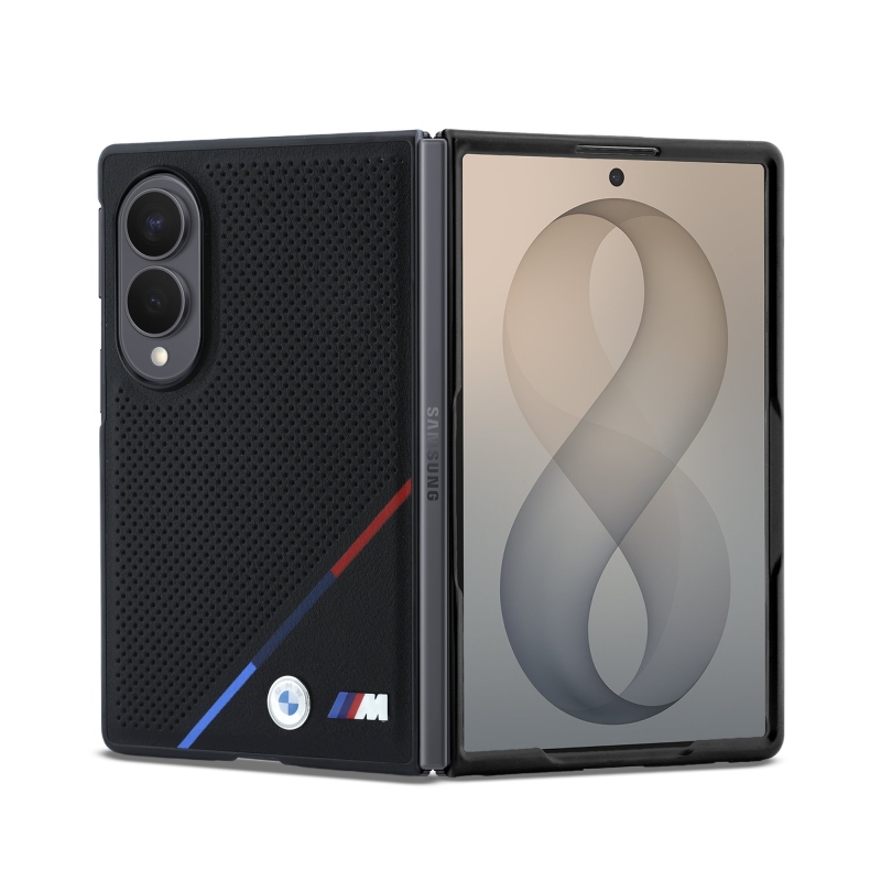 BMW M PU perforovaný zadný kryt s trojfarebnými pruhmi a magnetickým uchytením pre Samsung Galaxy Z Fold 8, čierny