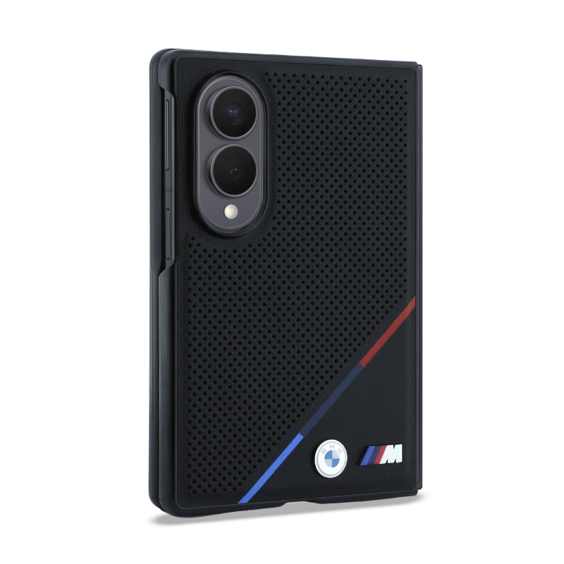 BMW M PU perforovaný zadný kryt s trojfarebnými pruhmi a magnetickým uchytením pre Samsung Galaxy Z Fold 8, čierny