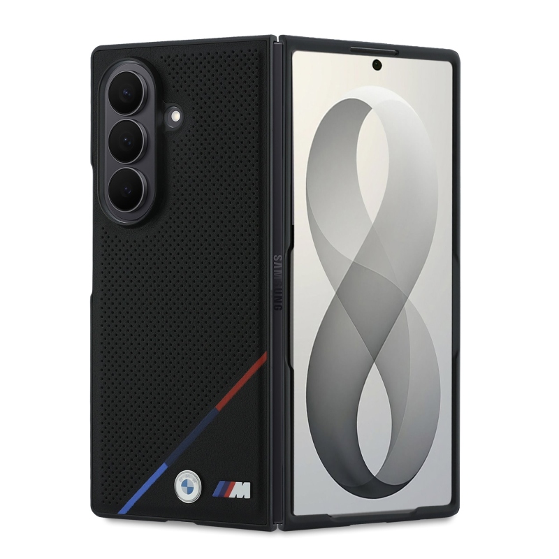 BMW M PU perforovaný kryt s trojfarebnými pruhmi a magnetickým uchytením pre Samsung Galaxy Z Fold 8, farba Ultra Black