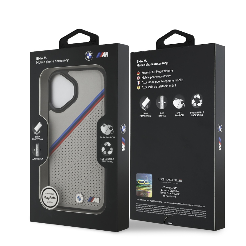 BMW M Tricolor s perforovaným vzorom, kryt MagSafe pre iPhone 17, sivý