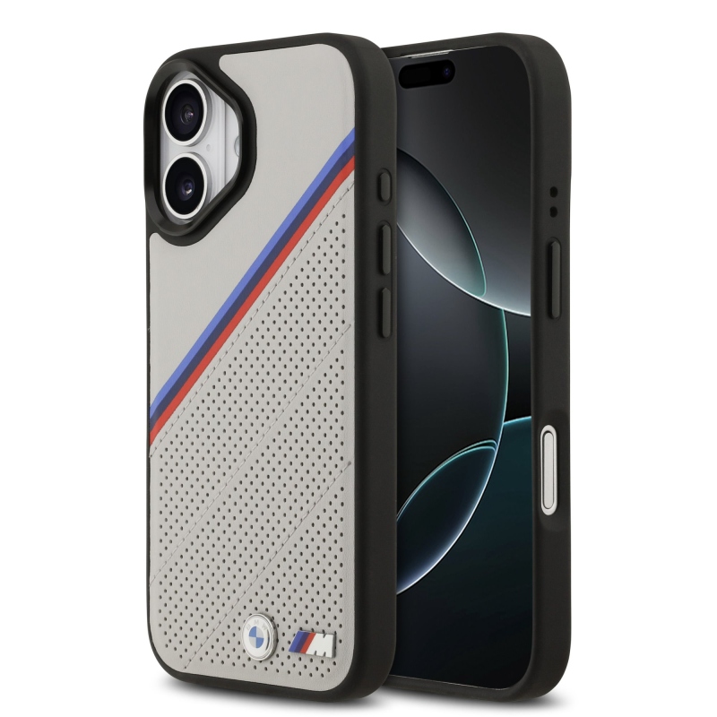 BMW M Tricolor s perforovaným vzorom, kryt MagSafe pre iPhone 17, sivý
