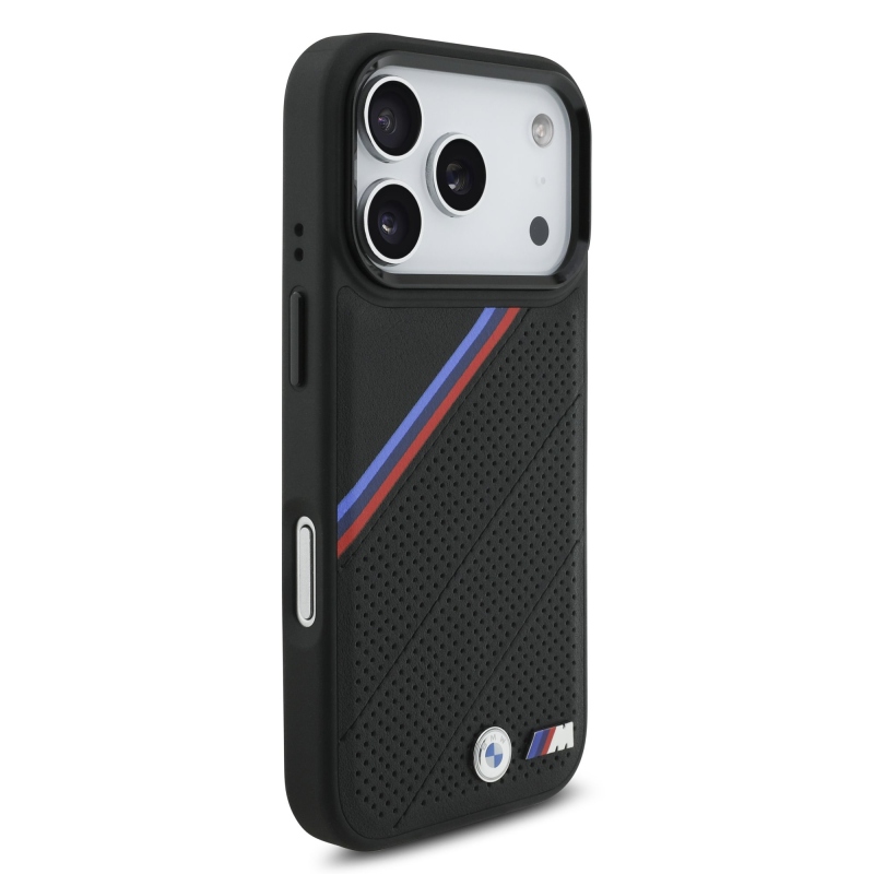 BMW M Tricolor s perforovaným vzorom, kryt MagSafe pre iPhone 17 Pro, čierny