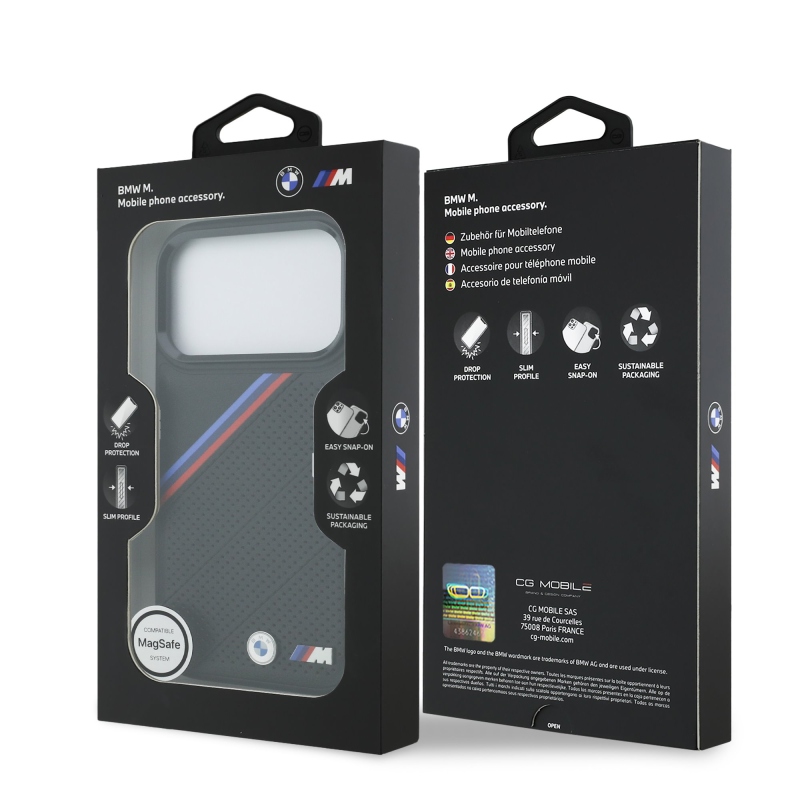 BMW M Tricolor s perforovaným vzorom, kryt MagSafe pre iPhone 17 Pro, čierny