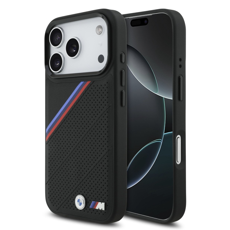 BMW M Tricolor s perforovaným vzorom, kryt MagSafe pre iPhone 17 Pro, čierny