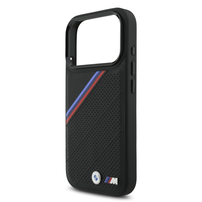 BMW M Tricolor s perforovaným vzorom, kryt MagSafe pre iPhone 17 Pro, čierny