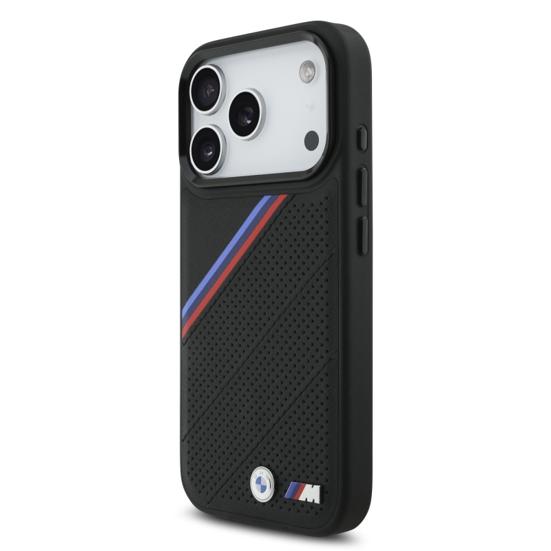 BMW M Tricolor s perforovaným vzorom, kryt MagSafe pre iPhone 17 Pro, čierny