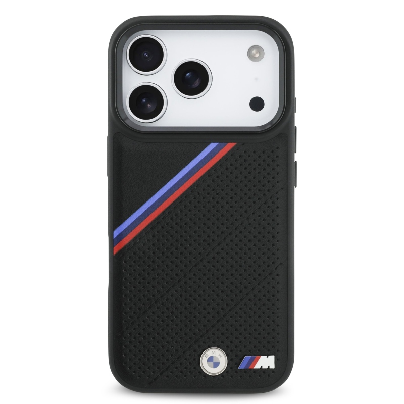 BMW M Tricolor s perforovaným vzorom, kryt MagSafe pre iPhone 17 Pro, čierny