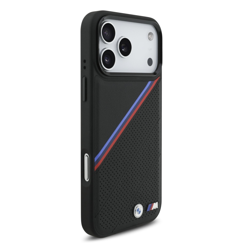 BMW M Tricolor s perforovaným vzorom, kryt MagSafe pre iPhone 17 Pro Max, čierny