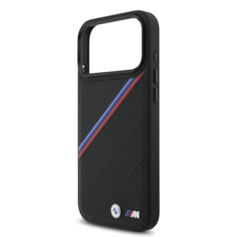 BMW M Tricolor s perforovaným vzorom, kryt MagSafe pre iPhone 17 Pro Max, čierny