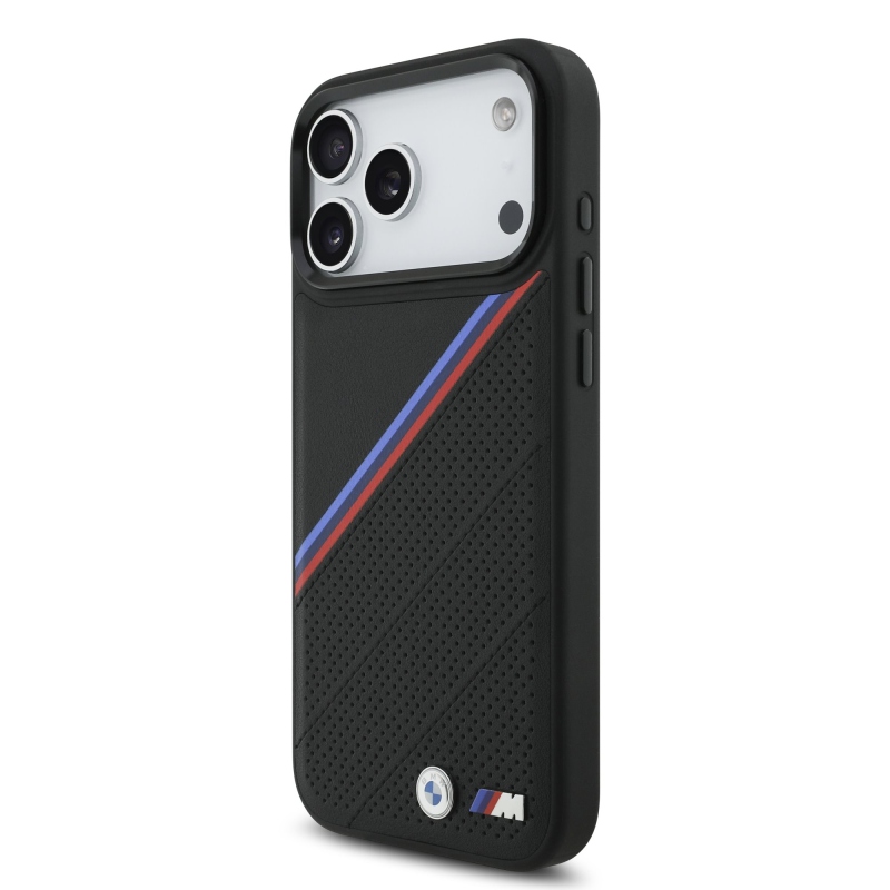 BMW M Tricolor s perforovaným vzorom, kryt MagSafe pre iPhone 17 Pro Max, čierny