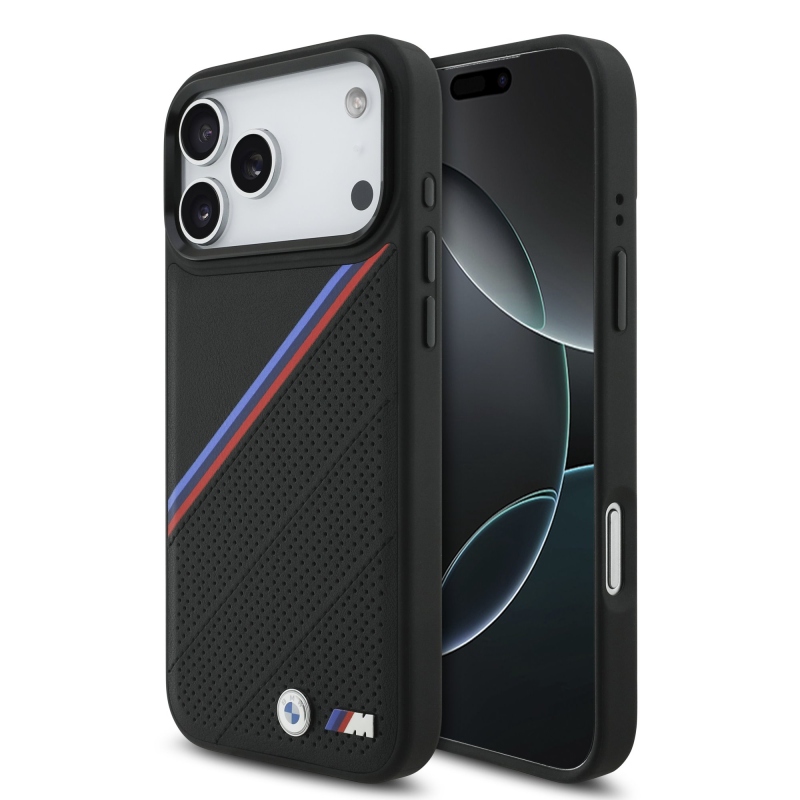 BMW M Tricolor s perforovaným vzorom, kryt MagSafe pre iPhone 17 Pro Max, čierny