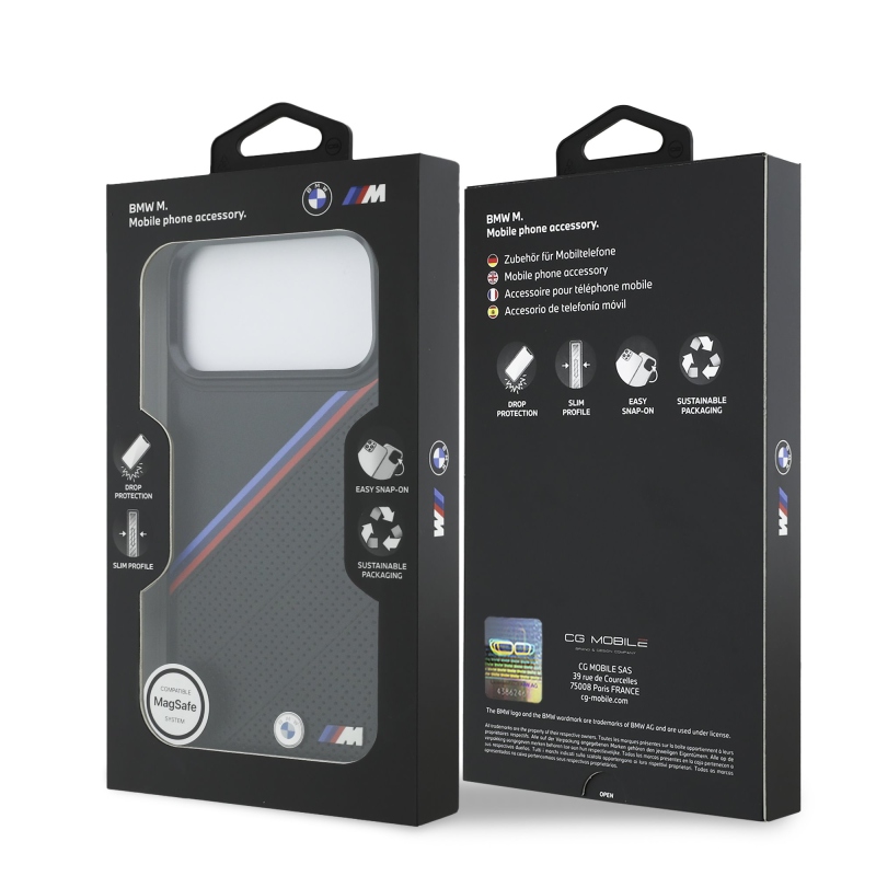 BMW M Tricolor s perforovaným vzorom, kryt MagSafe pre iPhone 17 Pro Max, čierny