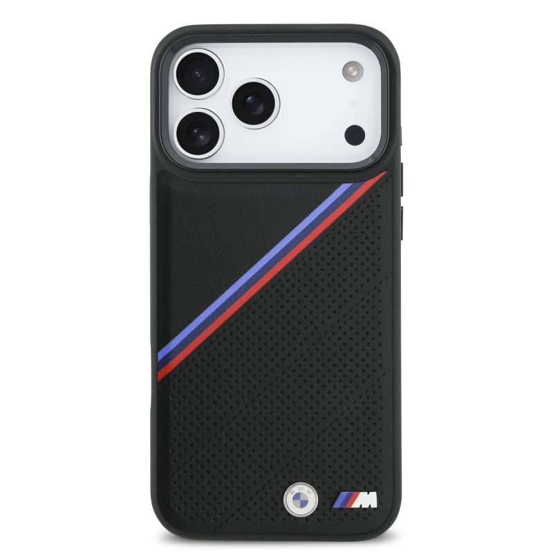BMW M Tricolor s perforovaným vzorom, kryt MagSafe pre iPhone 17 Pro Max, čierny