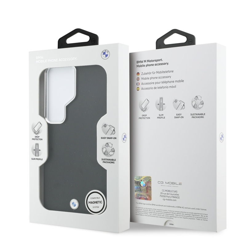 BMW Signature PU Leather Metal Logo Magnetic Back Cover pre Samsung Galaxy S26 Ultra Black