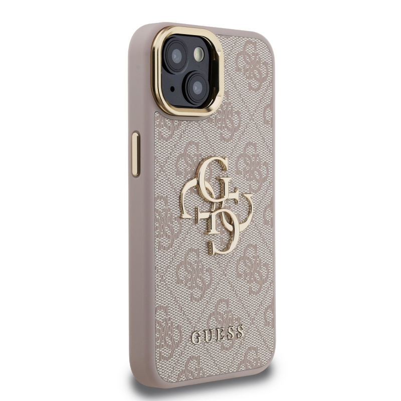 Guess PU 4G Metal Logo Stand Camera Frame Zadný Kryt pre iPhone 14 Pink