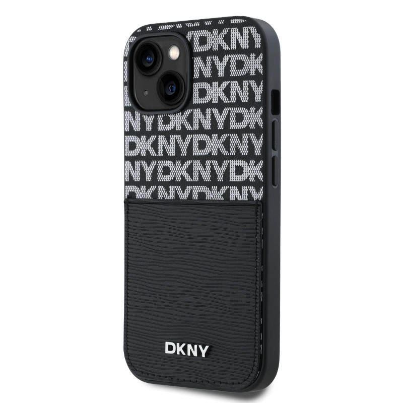 DKNY PU Leather Repeat Pattern Card Pocket Zadný Kryt pre iPhone 15 Black