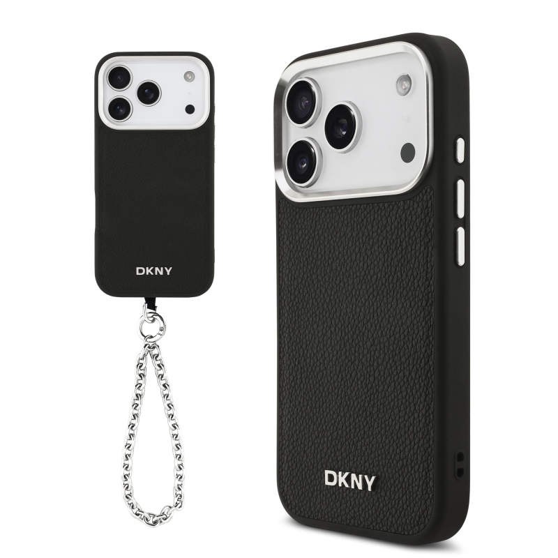 DKNY PU kožený kovový kryt s logom na zápästie MagSafe Back Cover pre iPhone 17 Pro Black
