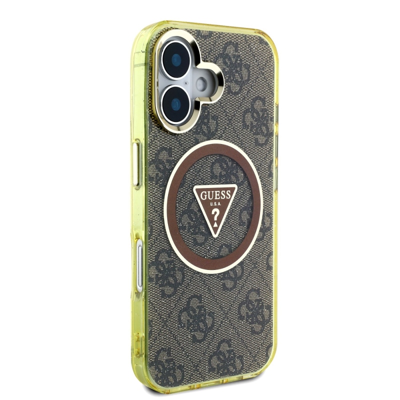 Guess IML 4G Glitter and Triangle Logo MagSafe zadný kryt pre iPhone 16 Brown