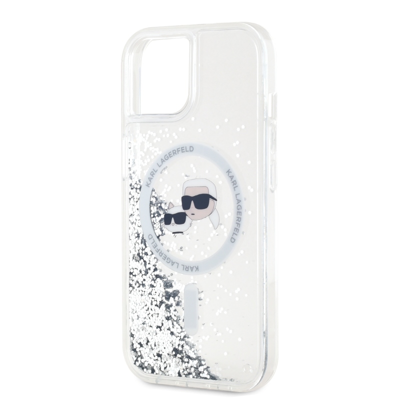 Karl Lagerfeld Liquid Glitter Karl a Choupette Heads MagSafe Zadný Kryt pre iPhone 15 Transparent