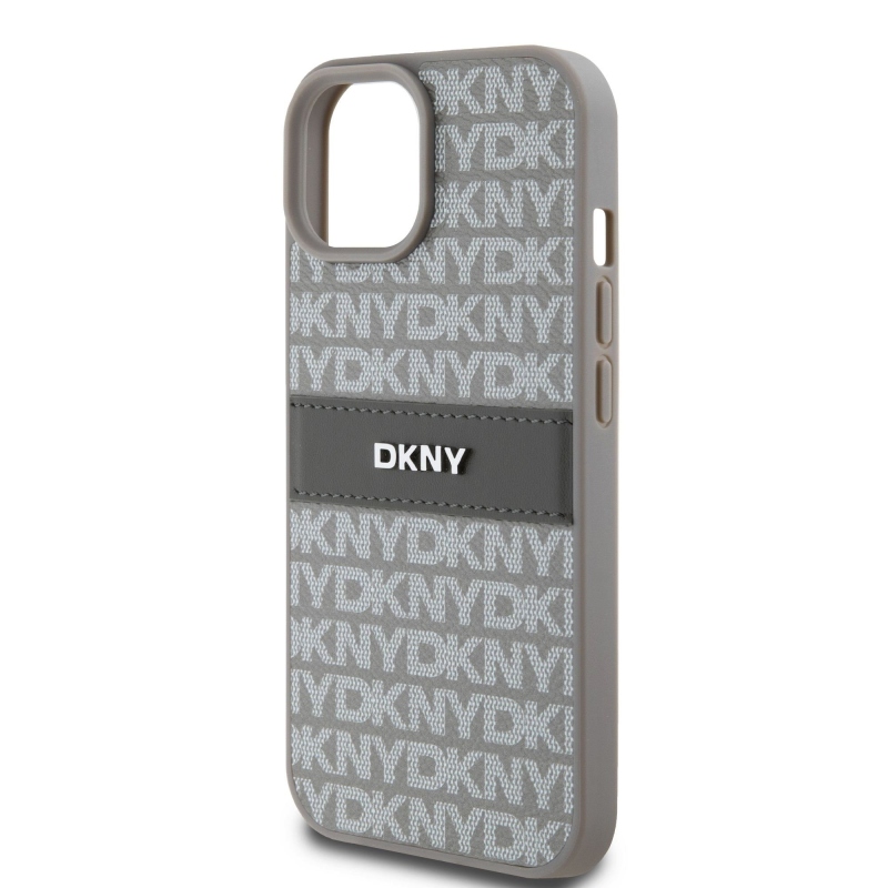 DKNY PU Leather Repeat Pattern Tonal Stripe Zadný Kryt pre iPhone 15 Beige