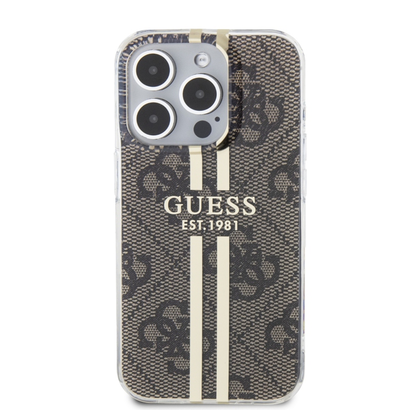 Guess IML 4G Gold Stripe Zadný Kryt pre iPhone 15 Pro Brown