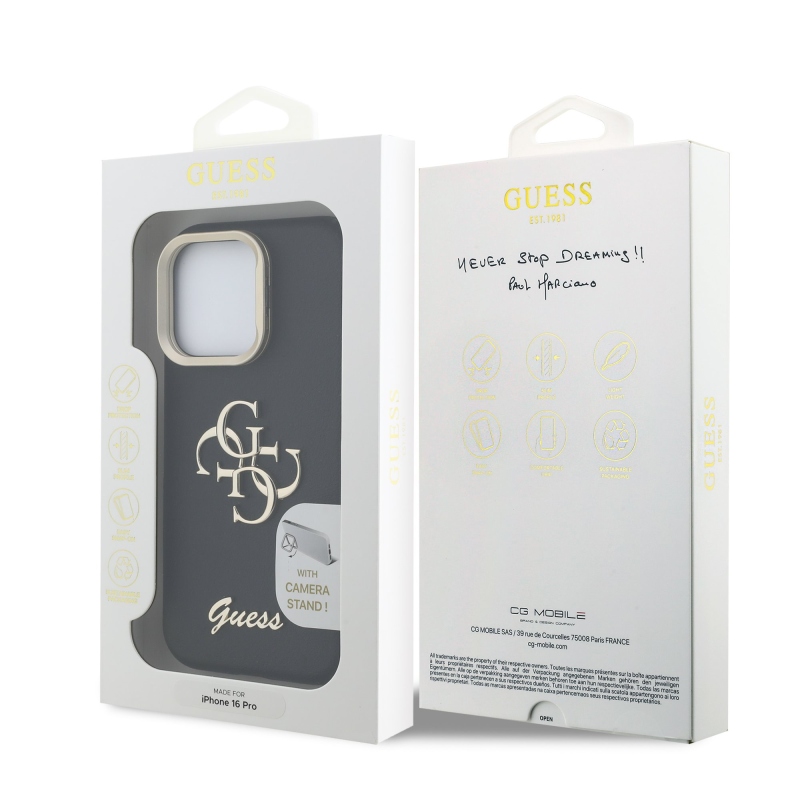 Guess PU Grained 4G Logo Stand Camera Frame Zadný Kryt pre iPhone 16 Pro Black