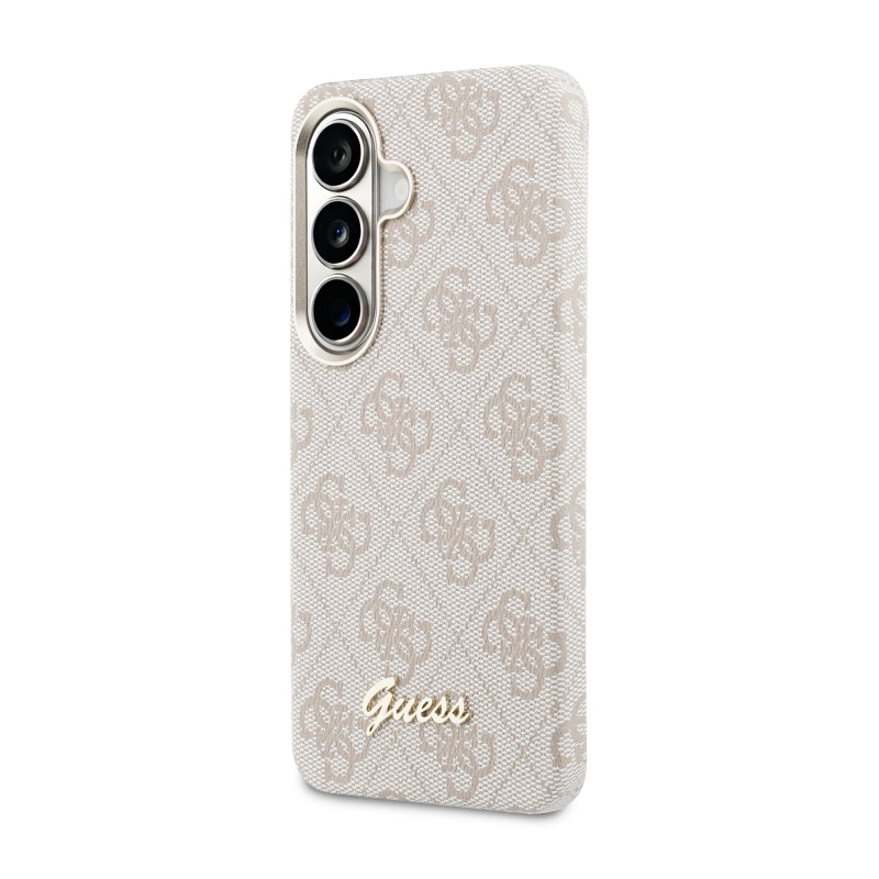 Guess PU 4G Script Metal Logo Magnetický zadný kryt pre Samsung Galaxy S26 ružový
