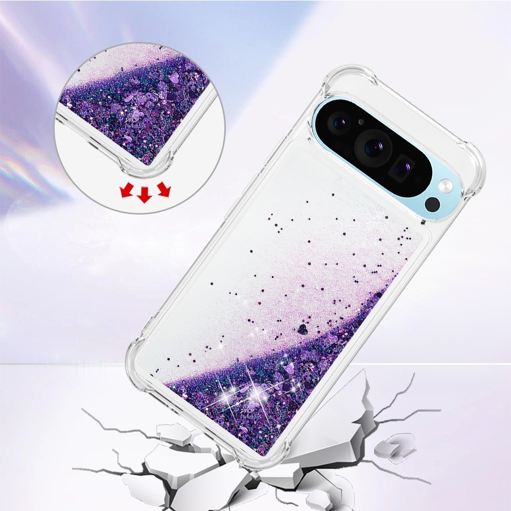 Glitter presýpací gélový obal na Google Pixel 10 Pro/Pixel 10 - tmavofialový/srdiečka