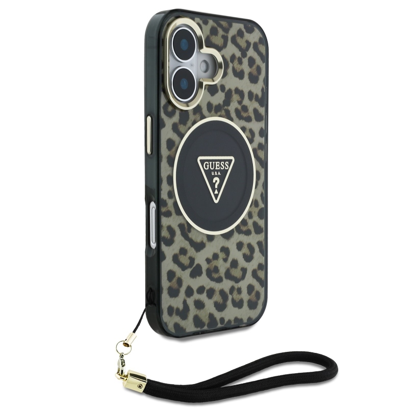 Guess IML Leopard Triangle Logo Strap MagSafe zadný kryt pre iPhone 16 Brown