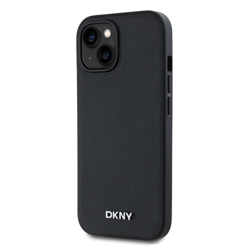 DKNY PU Leather Silver Metal Logo Magsafe Zadný Kryt pre iPhone 14 Black