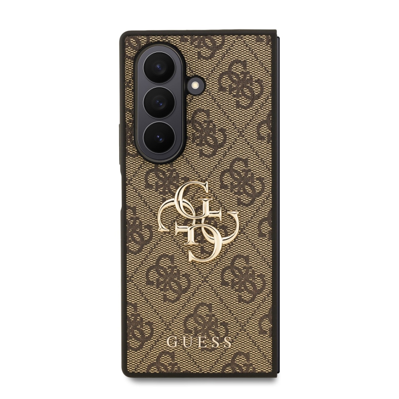 Guess PU 4G Kovový zadný kryt s logom pre Samsung Galaxy Z Fold 7 Brown