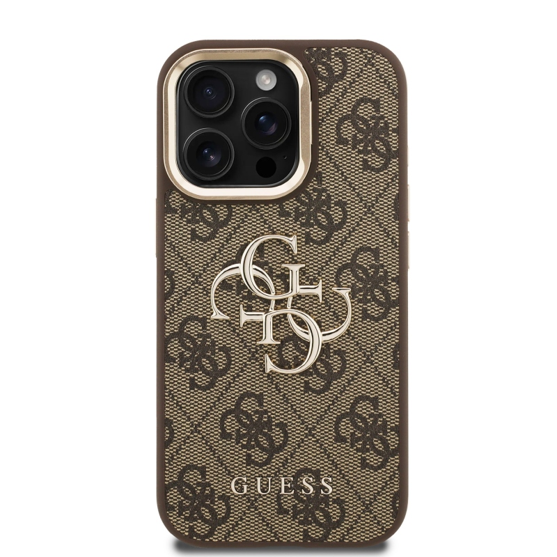 Guess PU 4G Metal Logo Stand Camera Frame Zadný Kryt pre iPhone 15 Pro Max Brown