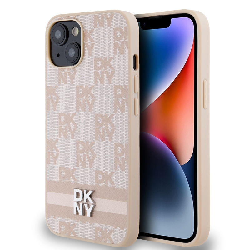 DKNY PU Leather Checkered Pattern and Stripe Zadný Kryt pre iPhone 15 Pink