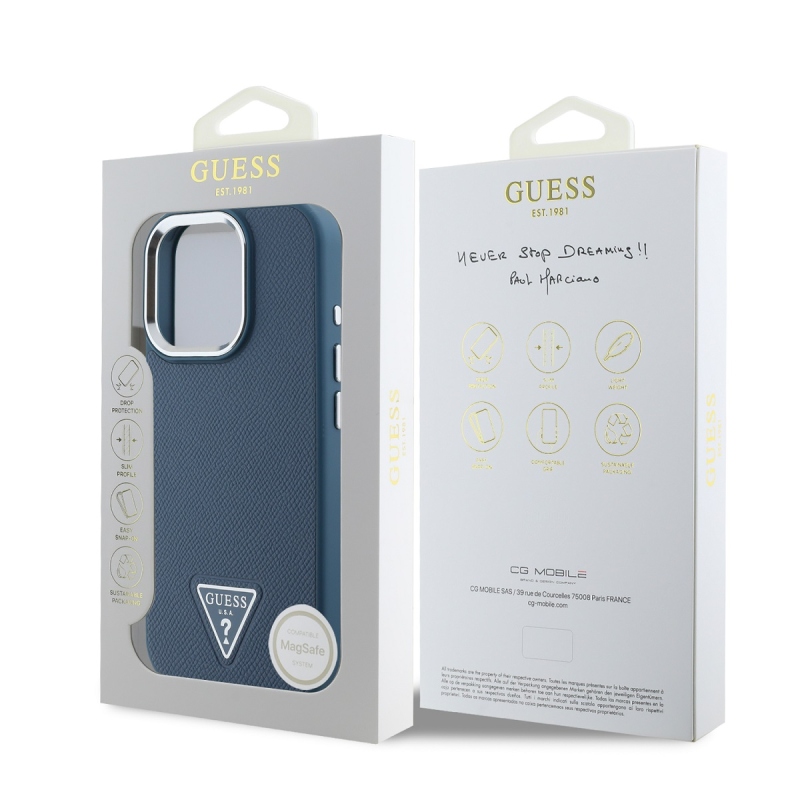 Guess PU Grained Triangle Logo Zadný Kryt pre iPhone 16 Pro Max Blue