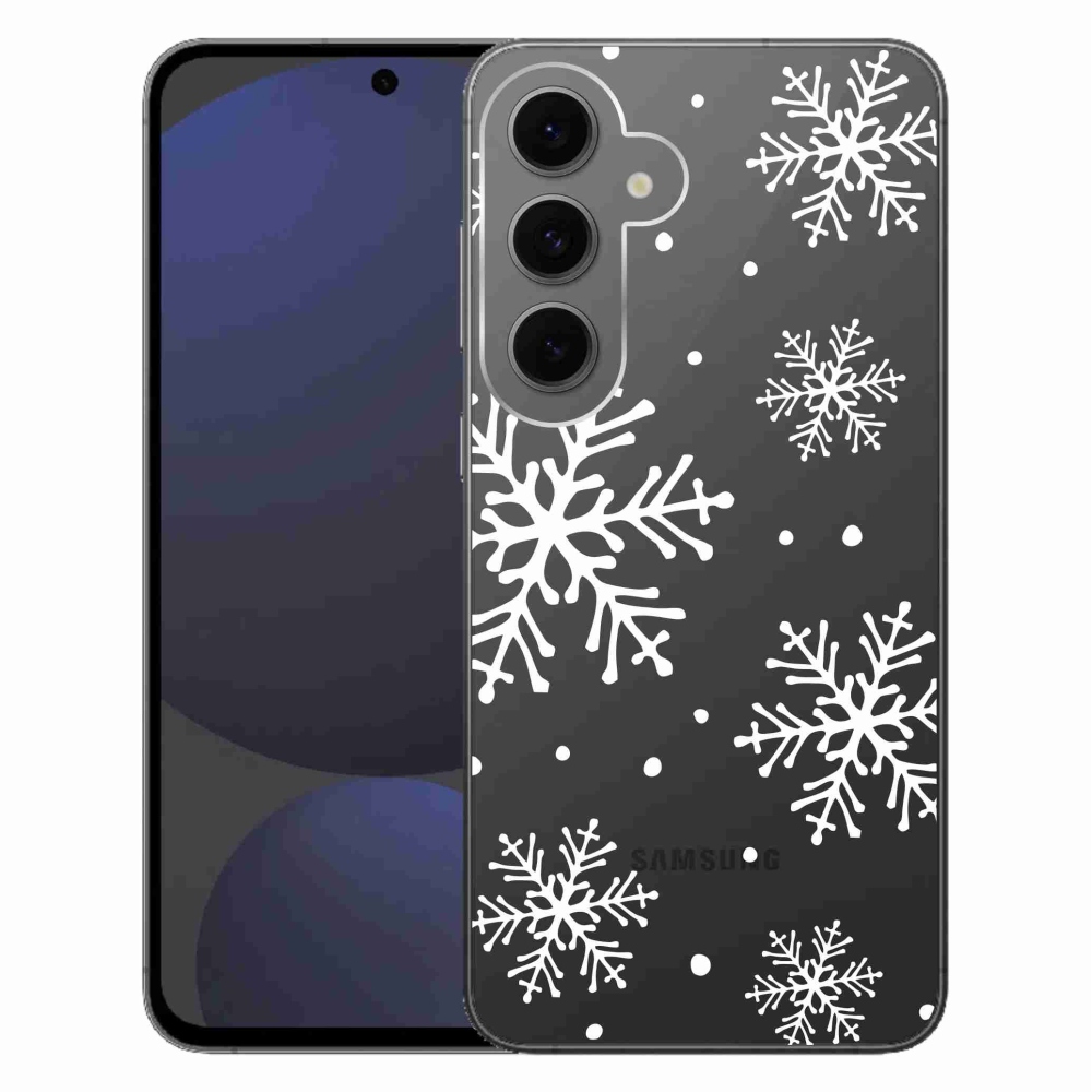 Gélový kryt mmCase na Samsung Galaxy S24 FE - biele vločky na priehľadnom pozadí