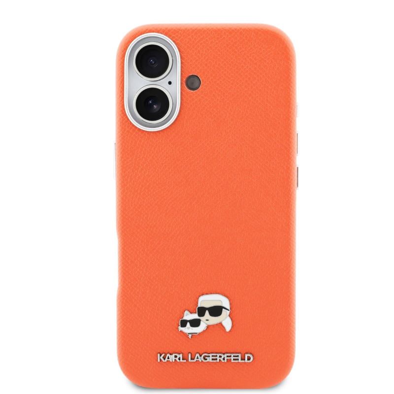Karl Lagerfeld PU Karl and Choupette Heads Pins MagSafe Back Cover pre iPhone 17 Orange