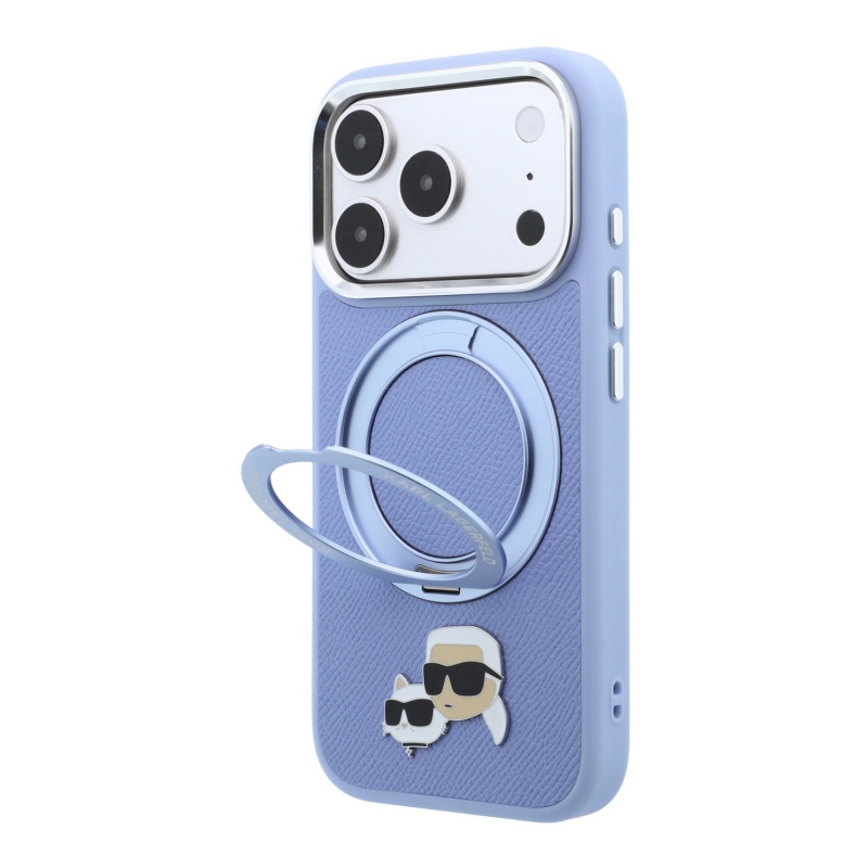 Karl Lagerfeld PU Grained K&CH Heads Ring Stand Magsafe zadný kryt pre iPhone 18 Pro, modrý