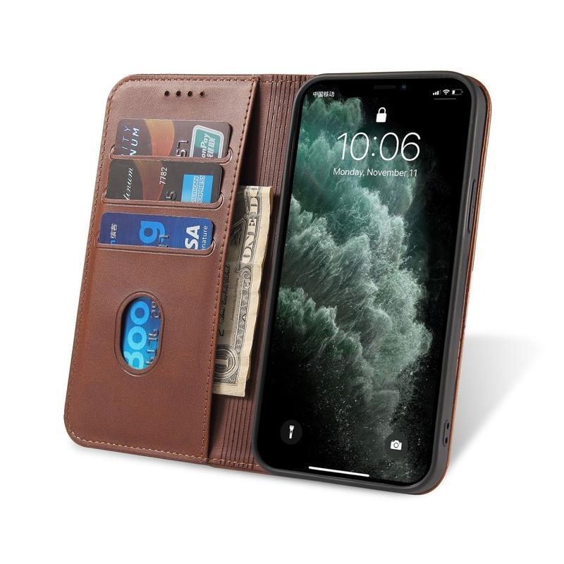 Business PU kožené peněženkové puzdro na mobil iPhone 12 Pro Max - hnedé