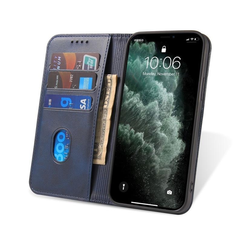 Business PU kožené peněženkové puzdro na mobil iPhone 12 Pro Max - modré