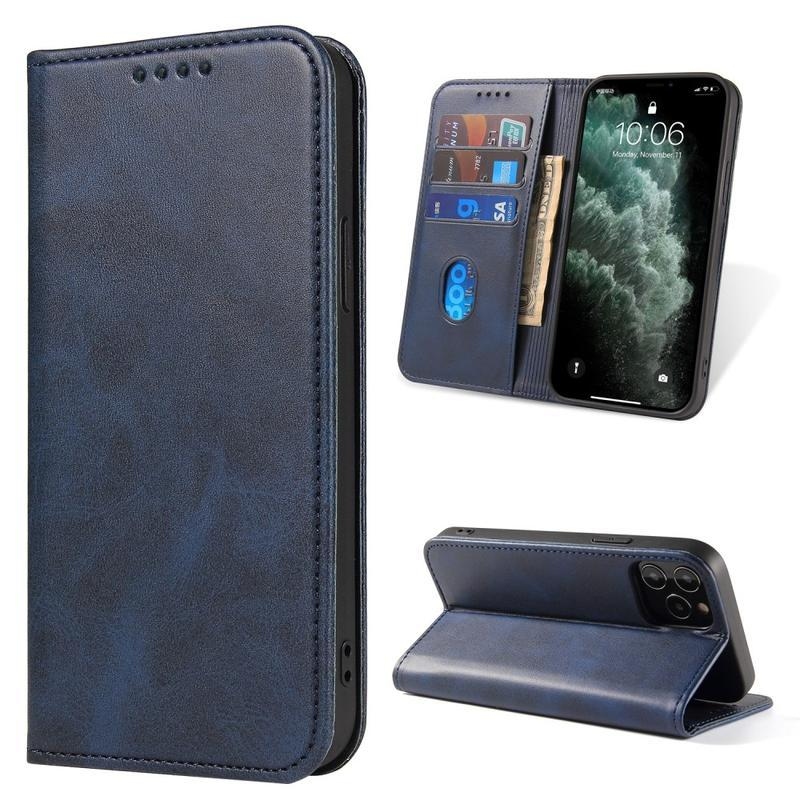 Business PU kožené peněženkové puzdro na mobil iPhone 12 Pro Max - modré