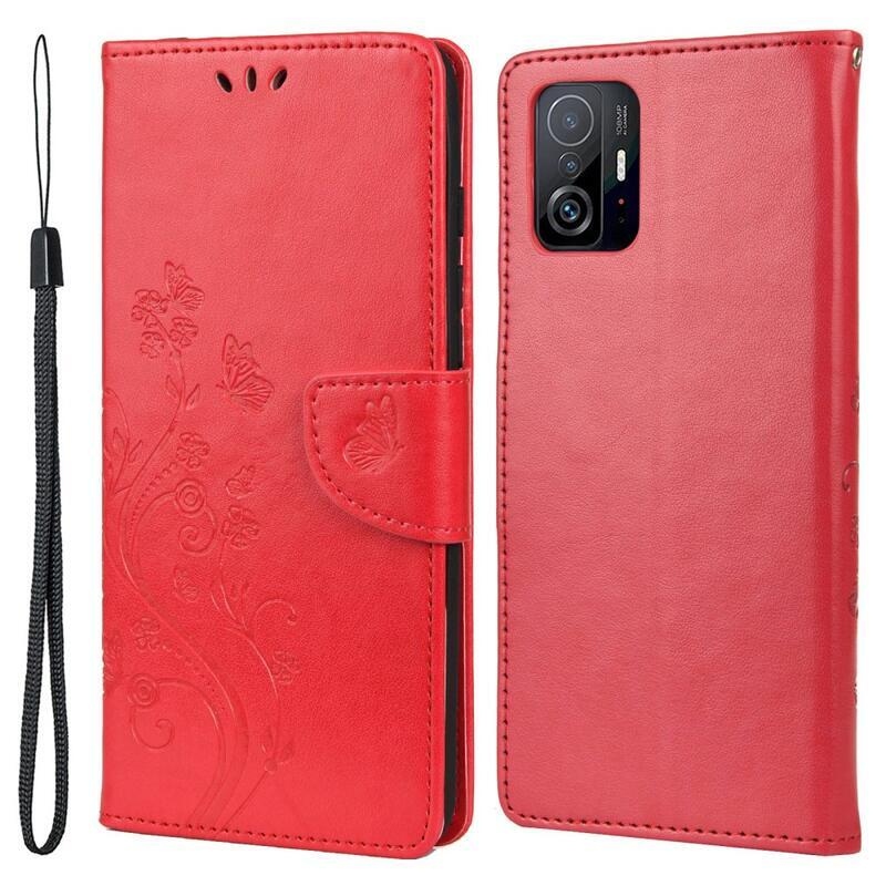 Butterflies PU kožené peněženkové puzdro na mobil Xiaomi 11T / 11T Pro - červené