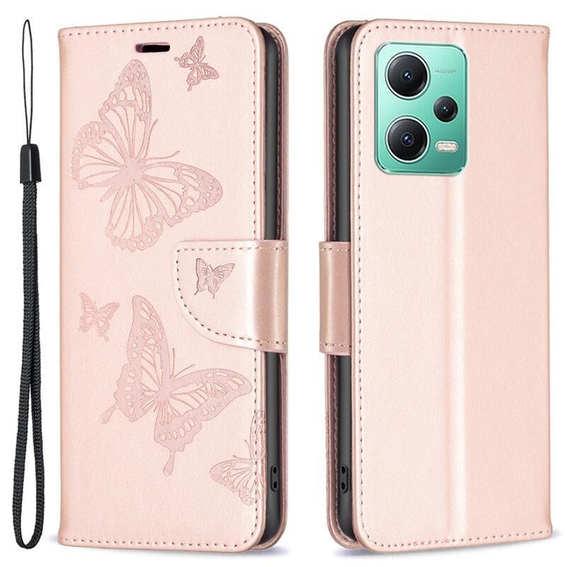 Butterfly knižkové púzdro na Xiaomi Redmi Note 12 5G/Poco X5 5G - ružovozlaté