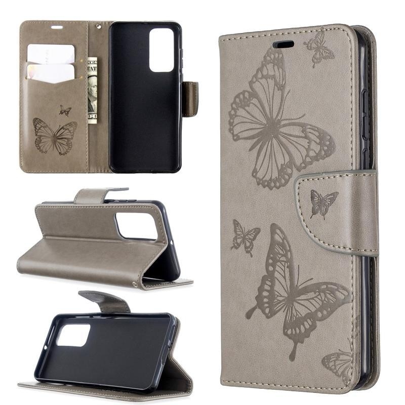 Butterfly PU kožené peněženkové puzdro na mobil Huawei P40 - šedé