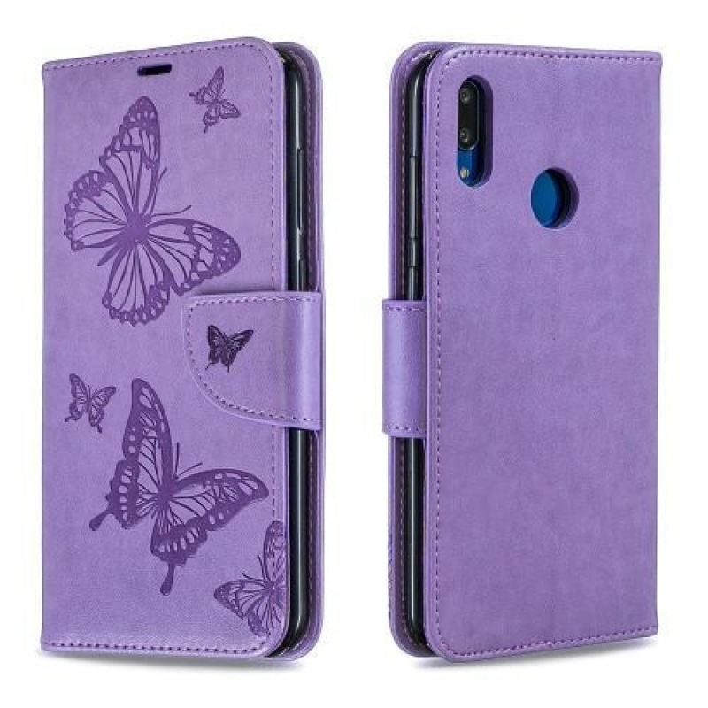 Butterfly PU kožené peněženkové puzdro na mobil Huawei Y7 (2019) - fialový