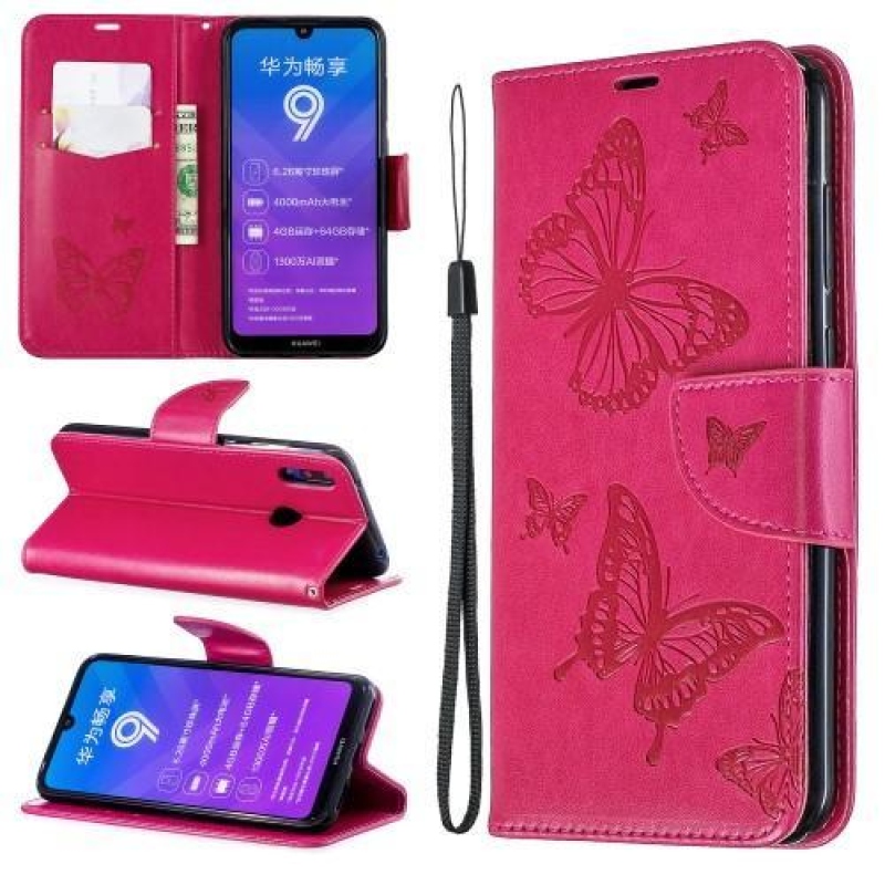 Butterfly PU kožené peněženkové puzdro na mobil Huawei Y7 (2019) - rose