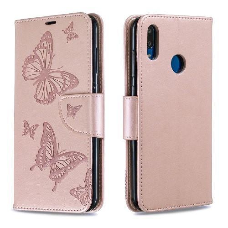 Butterfly PU kožené peněženkové puzdro na mobil Huawei Y7 (2019) - ružovozlatá