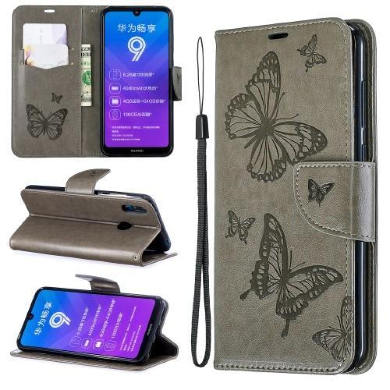 Butterfly PU kožené peněženkové puzdro na mobil Huawei Y7 (2019) - sivý