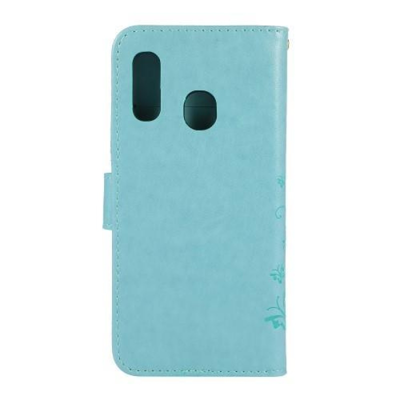 Butterfly PU kožené peněženkové puzdro na mobil Samsung Galaxy A20e - cyan